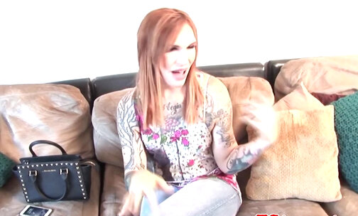 Inked interviewed tranny pleases her dick