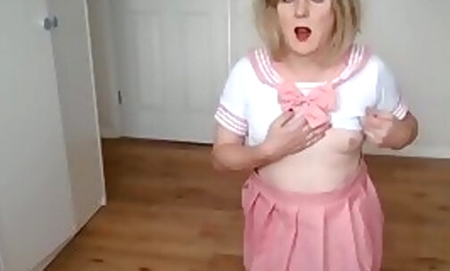 Lifting my top up in my sweet pink and white outfit