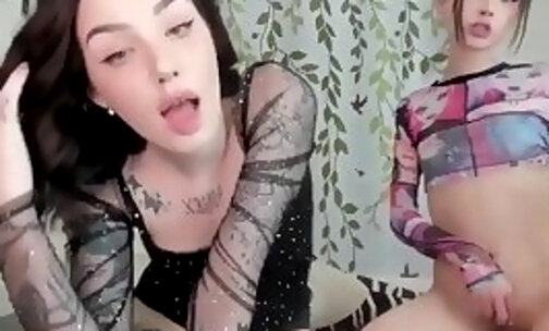Adorable petite russian trans babes with tattoos have fun on webcam