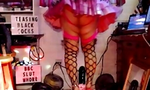 Slow QOS panties striptease in 9" BBC SLUT platform stiltto heels to tease BB12"NCs