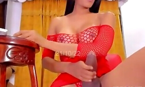Tgirl in red lingerie jerking her penis
