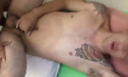 Tranny fucks tattooed dude ass
