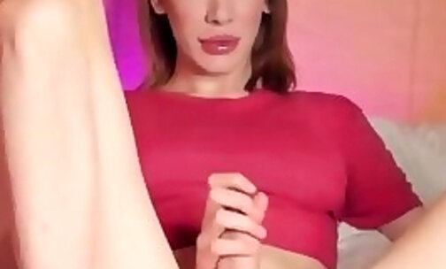 slender transgirl strokes her big cock on webcam