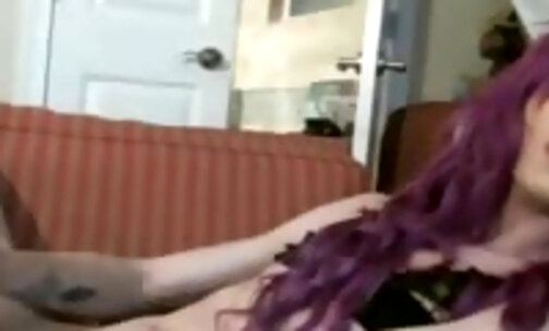 Skinny purple hair tgirl cums twice