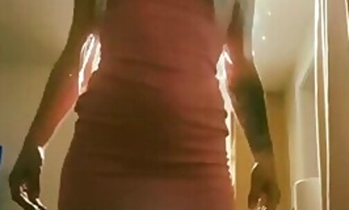 Sissy in pink dress fucks her dildo and HUGE cumshot