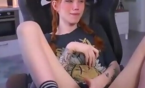 petite redhead Russian tgirl with tattoos jerks on webcam