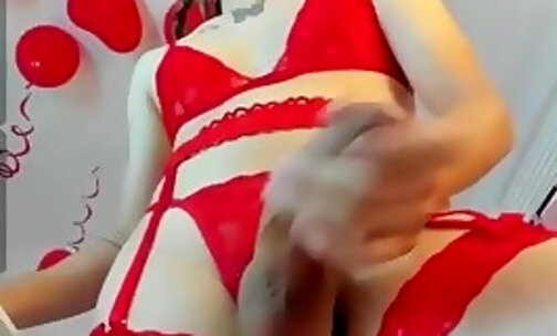 slim colombian teen tgirl in red lingerie jerks off her huge dick