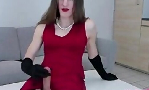 randy tranny glamour red dress ebony gloves bick penis