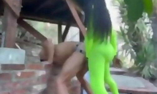 big ass ebony shemale green body suit fucks guy outdoors