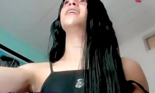 long black haired trans Goddess jerks off her big shaft on webcam