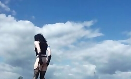 Risky flashing, dildo ride, blindfolded for traffic and bikers