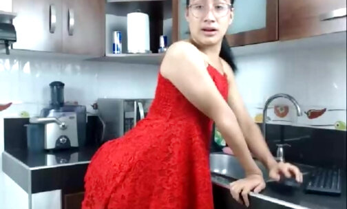 Big cock tgirl stroking in red dress