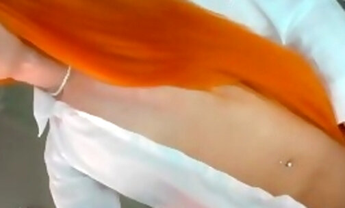 Exclusive Orange Hair SheBoy masturbating in a Webcam Show