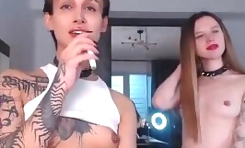 short haired russian trans with full tattoos fucks her petite girlfriend online