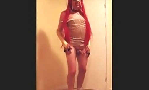 Red haired slut in gold sparkle dress
