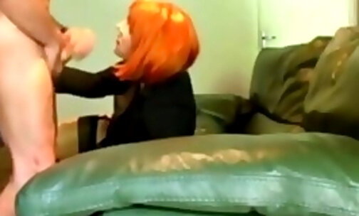 Redhead sissy has painal on the couch and moans loud