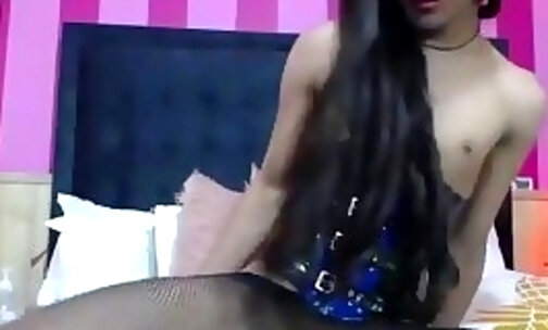 pantyhose legs Latina femboy strokes her big dark cock on webcam