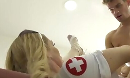 TS nurse in nylons and high heels barebacked by patient