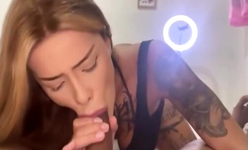 Thick tattooed shemale bounces on cock - amazing pov
