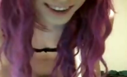 Skinny purple hair tgirl cums twice
