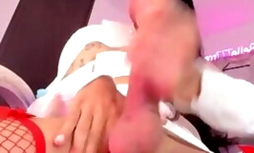 big balls and huge dick latina teen transgirl in red fishnet stockings jerks on webcam