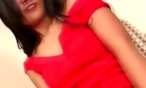 Dark-haired ladyboy in red dress plays with her trimmed pussy