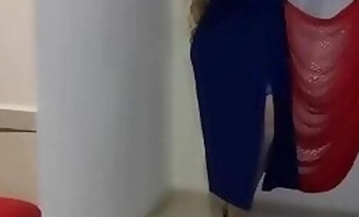 Sexy blue dress in highheels blonde girl facemask