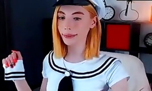 pretty girl transgirl in navy shirt jerks her cock on c