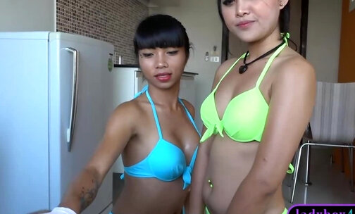Ladyboy and female friend threesome with a white guy