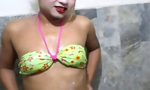 Soapy shower masturbation with chubby asian shemale