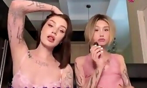 Adorable petite russian twins trans hotties with tattoos have fun on cam