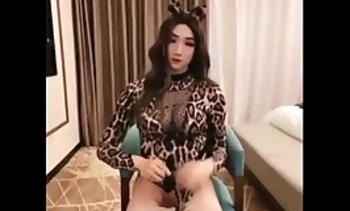 leopard body outfit in an amateur ladyboy masturbating