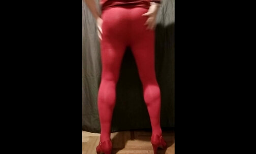 Sissy teasing ass in red stockings and heels