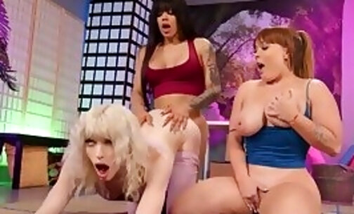 Big boobed shemale yoga slut Eva Maxim stretching a red MILF Summer Hart