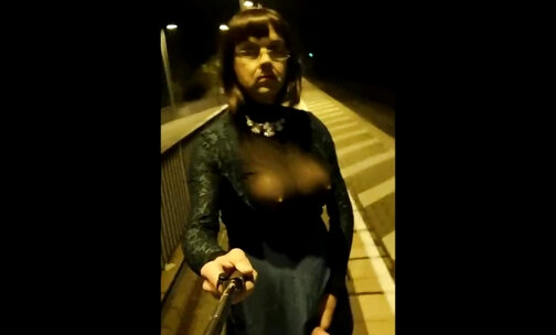 Tranny Show Tits and Cock at local Railway Station wank jerk