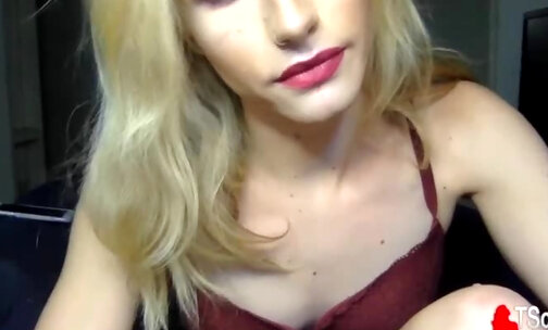 Sexy blonde shemale jerks and cums