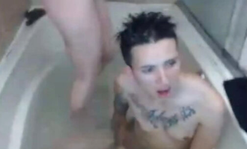 Tranny Enjoys Sucking Tits and Pussy in the Bath Tub