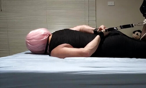 Daisy hogtied in black tight dress pink cosplay pink