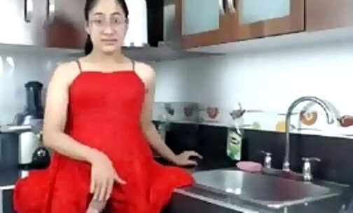 big dick trnsgender stroking in red dress