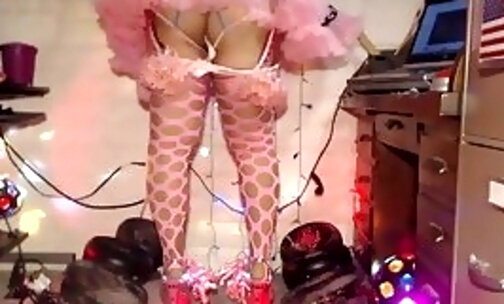 Upskirts with QOS panties striptease in 9" BBC SLUT platform stiletto heels to tease BBCs.