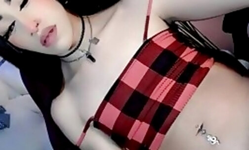 Cute goth transsexual stuffs her smooth she pussy with cock