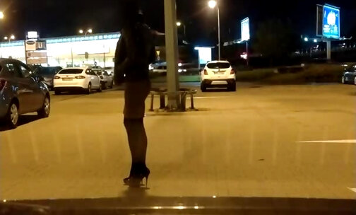Young Polish crossdresser teen Claudia walking outdoor public in platform highheels