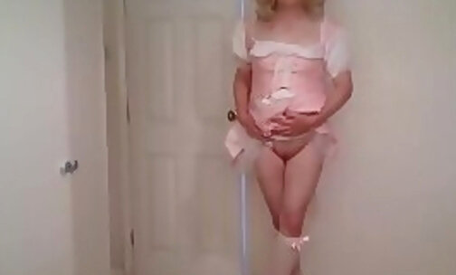 Pink sissy maid's outfit and no panties